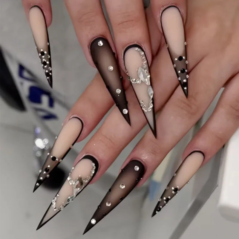 24pcs Long Stiletto False Nails Sets Star Pattern French Fake Nail Tips Metal Decor Almond Press on Nails Finished Pink Manicure