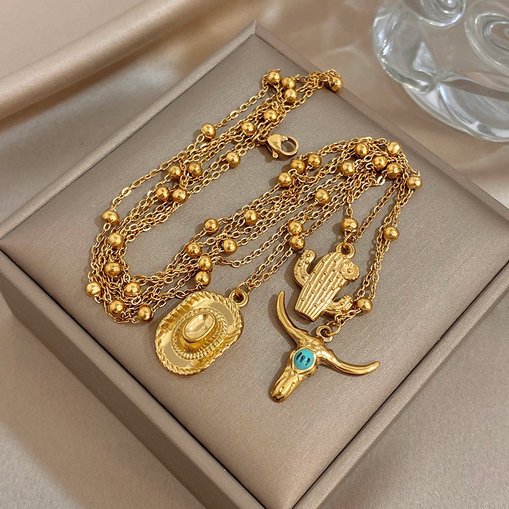 2026 New Style Stainless Steel Cattle Head Cactus Cowboy Hat Pendant Statement Gold Color Multi layer Chain Fashion Jewelry