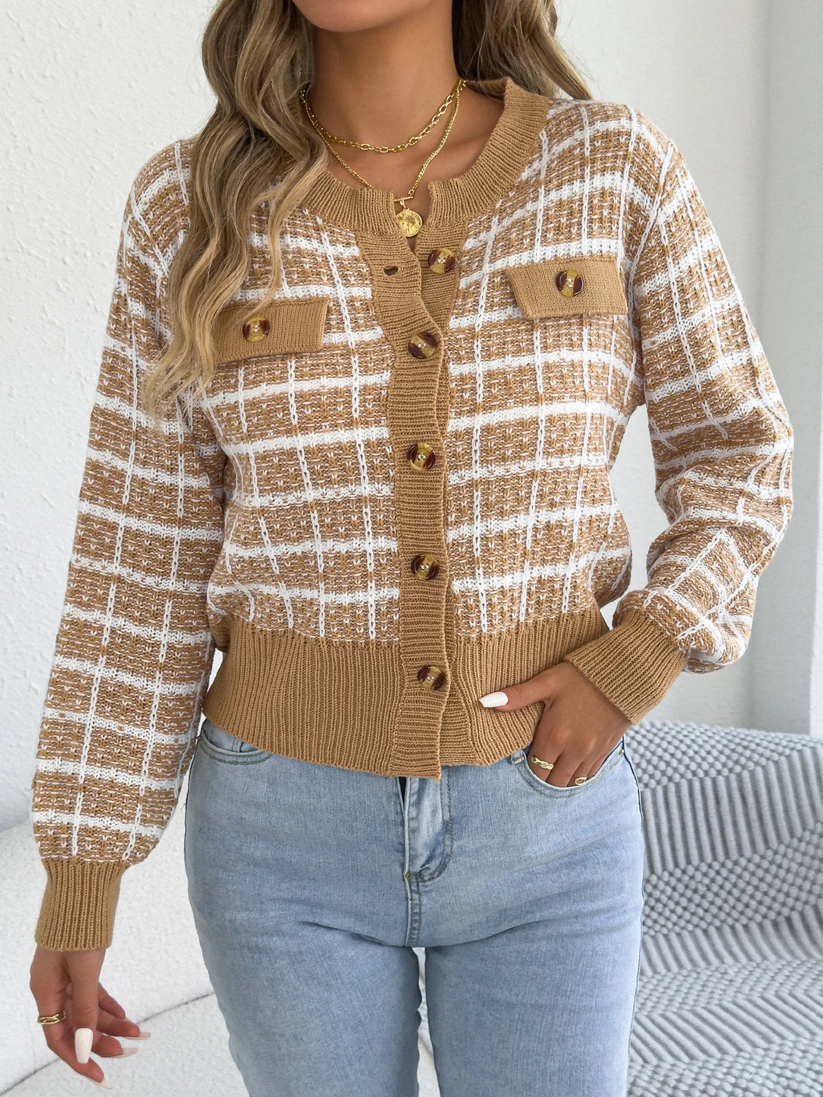 2026 Elegant Contrast Color Plaid Knitted Cardigan Sweater Single Breasted Lantern Long Sleeve Coats Women Autumn Winter Casual