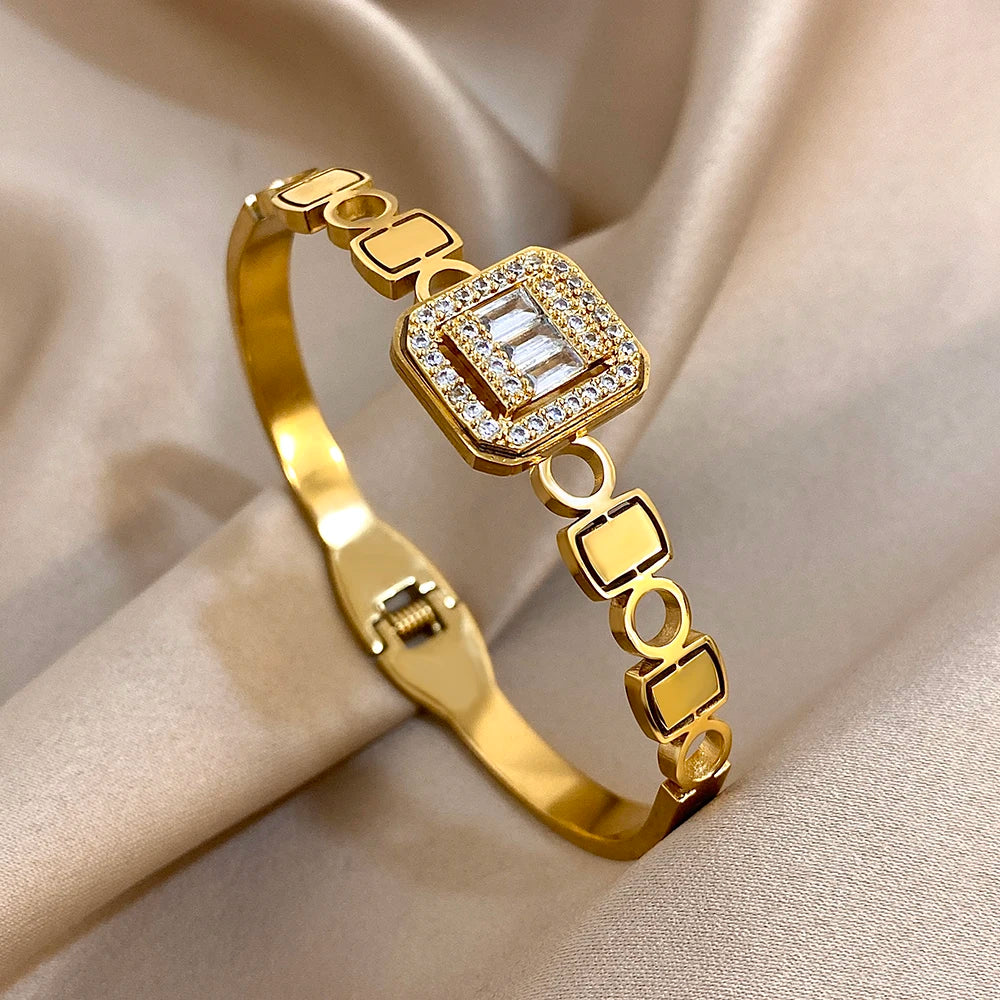 Flashbuy New Design Cubic Zircon Stainless Steel Bangles Bracelets for Women Geometric Gold Color Waterproof Fashion Jewelry