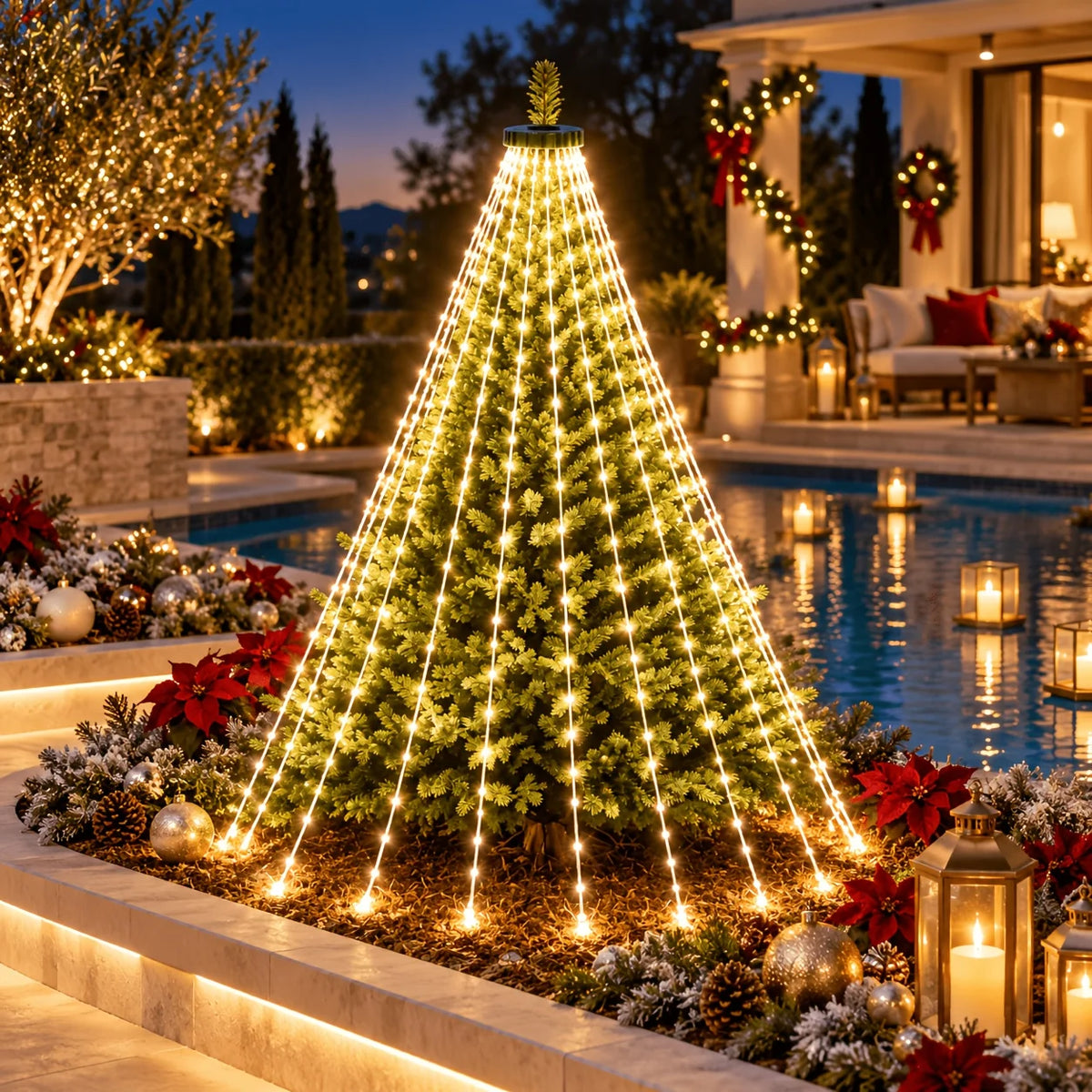 Christmas Tree Waterfall LED String Lights, Warm White Outdoor Waterproof Fairy Lights, 8 Modes Hanging Lights for Yard Garden