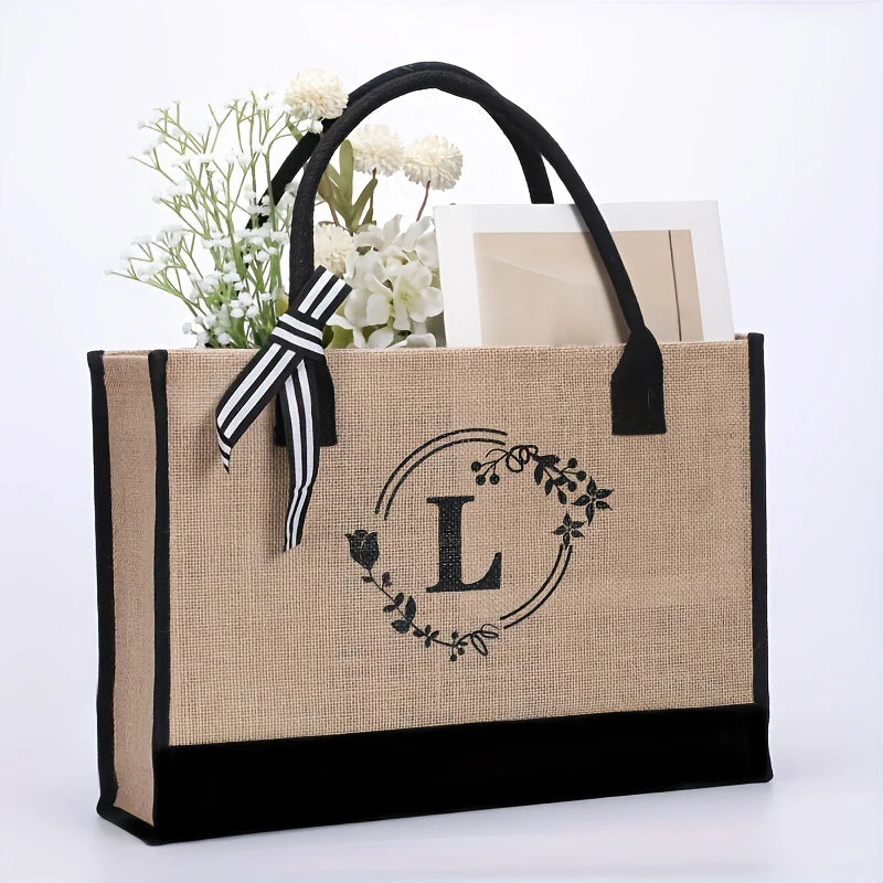 Personalized alphabet printed single shoulder linen men's bag large capacity handbag open handle handbag handbag