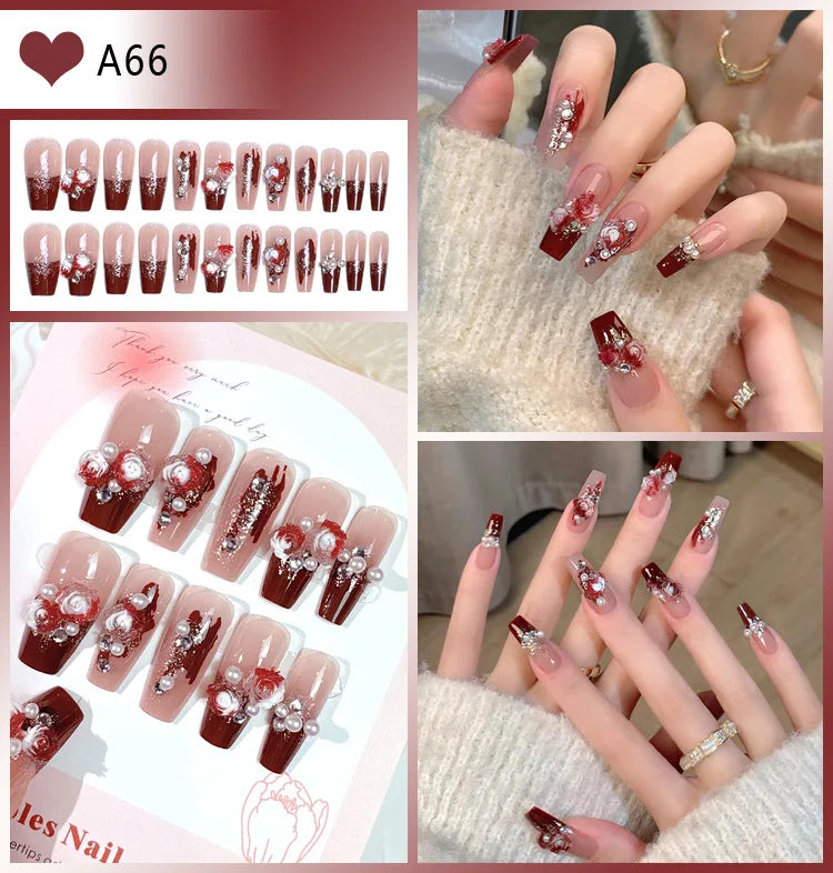 24pcs/box Fake Nail Long Ballet Reusable Acrylic Press On Nails Artificial Nails Full Cover False Nail Tips with Jelly Stickers