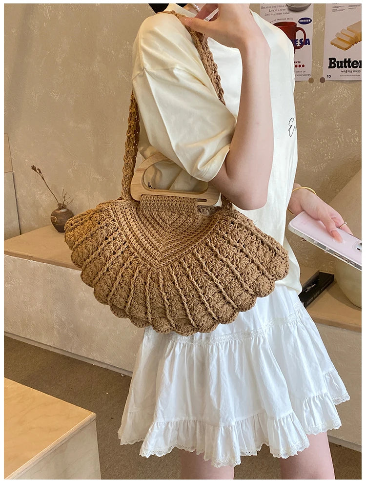 2026 New Retro Fan-shaped Crochet Woven Underarm Bag for Women Ins Style Seaside Vacation Versatile Wooden Handle Shoulder Bag