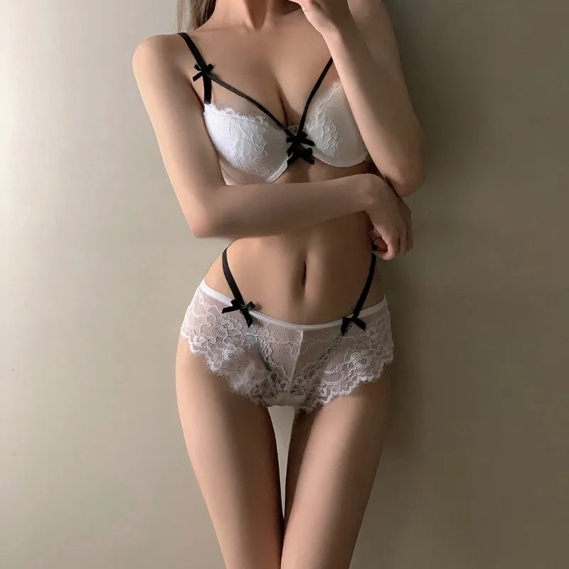 MOYISU Lolita Girl French Sexy Lace Pure Wanted Big Breasts Show Small Push-up Bra Set Bra White, Black, Pink