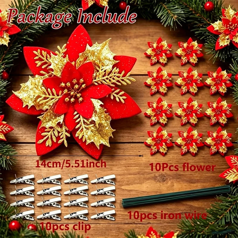 10Pcs Glitter Christmas Poinsettia Flowers,14cm/5.51in Artificial Red Gold Poinsettia Ornaments with Clips & Iron Wire,Xmas Tree