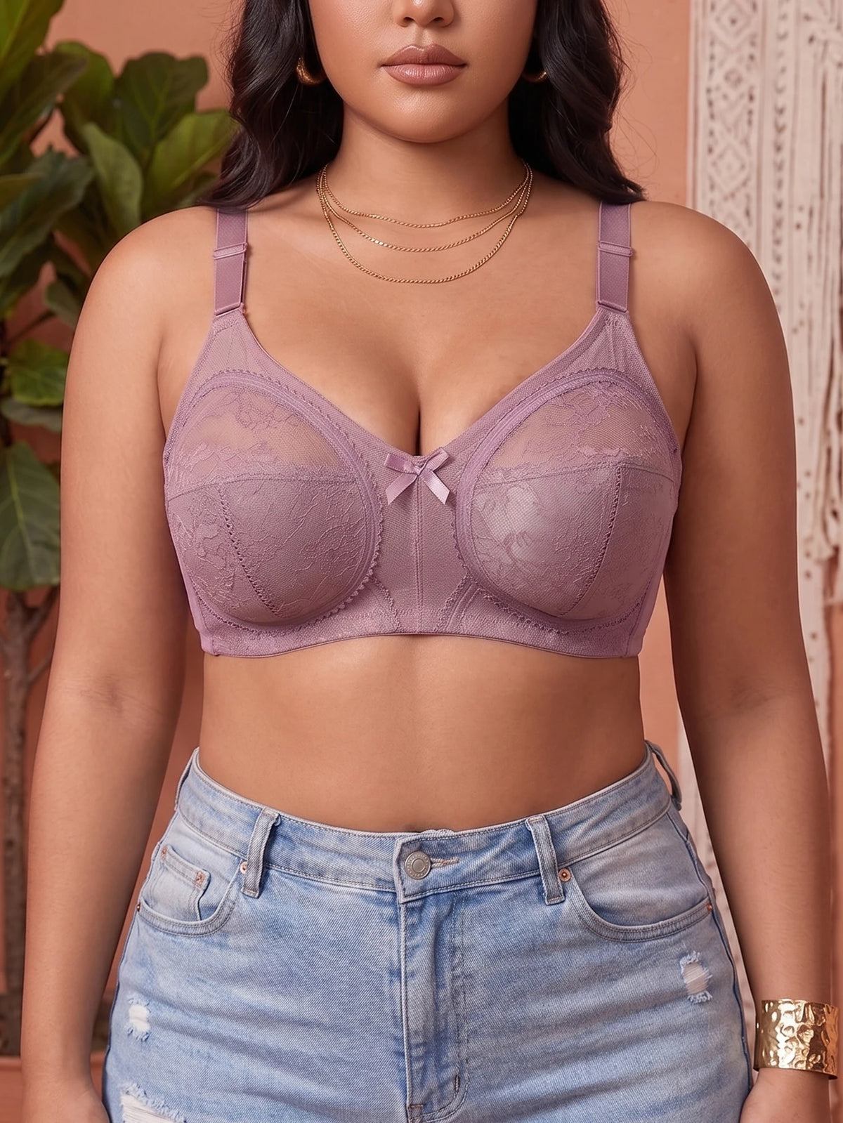 Women Plus Size Full Coverage Bra Floral Lace Sheer Anti Sagging Large Bust Comfortable Wireless Unlined Brassiere