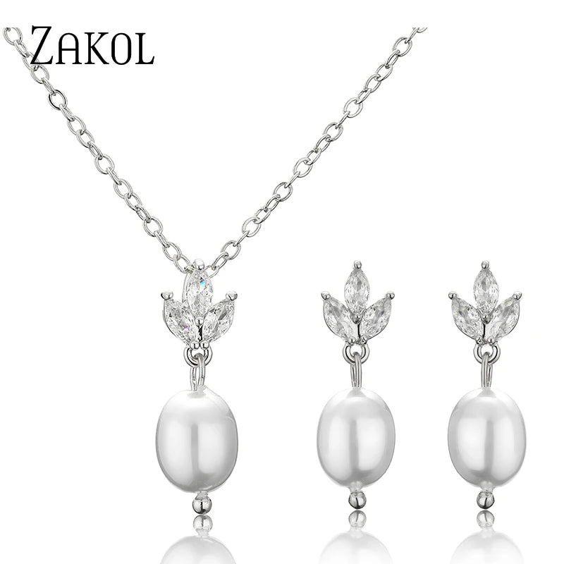 ZAKOL Fashion Leaf Shiny Zircon Pearl Drop Earring Necklaces Jewelry Sets for Women Charming Wedding Jewelry Gift