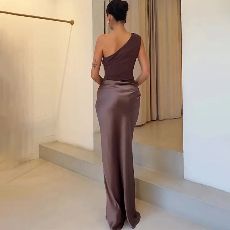 Elegant One-Shoulder Patchwork Satin Party Dress for Women Irregular Neck Slim Sleeveless Dresses Female Evening Gowns Clubwear