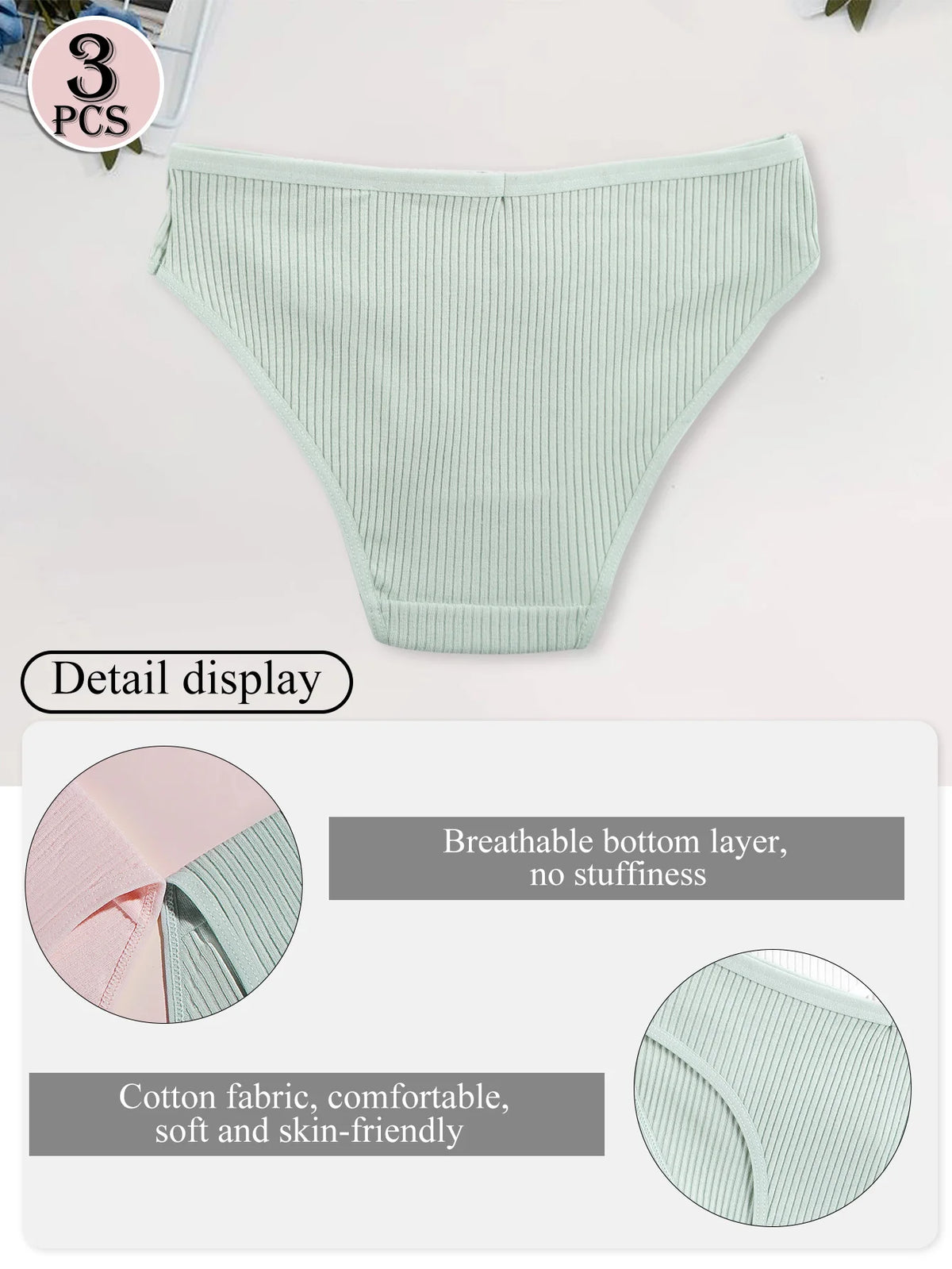 3PCS Women Cotton Panties Underwear Fresh Style Solid Color Striped Underpants Girls Comfortable Breathable Briefs Lingerie