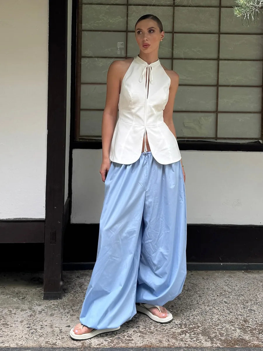 Y2k Fashion Pocket Bloomers Female Trousers Wide Leg Women Pants Pleated Loose High Waist Patchwork Bandage Streetwear
