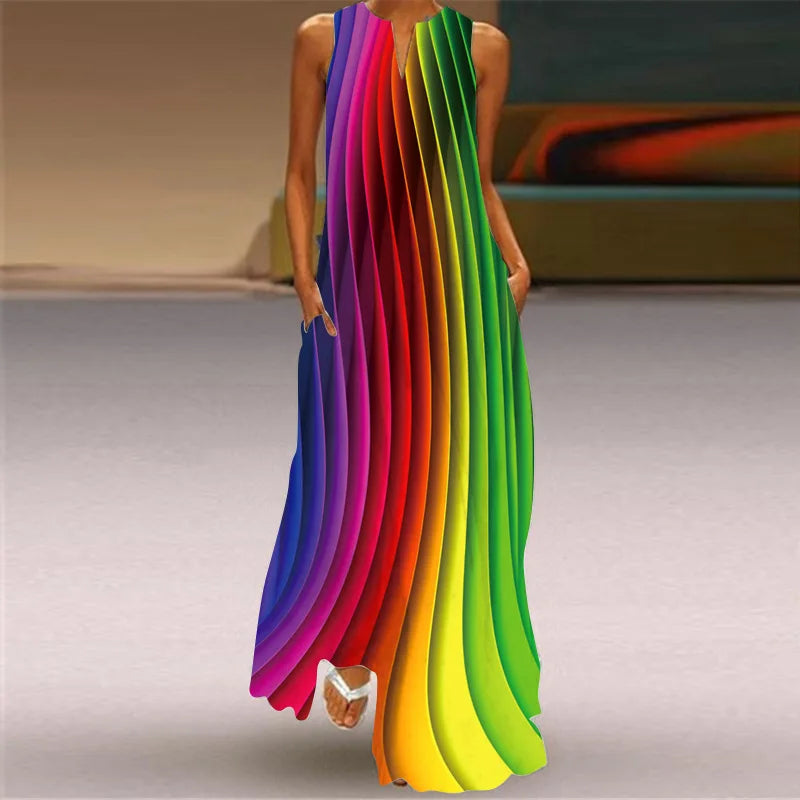 Summer Retro V-Neck Sleeveless Maxi Dress – Loose Artistic Print