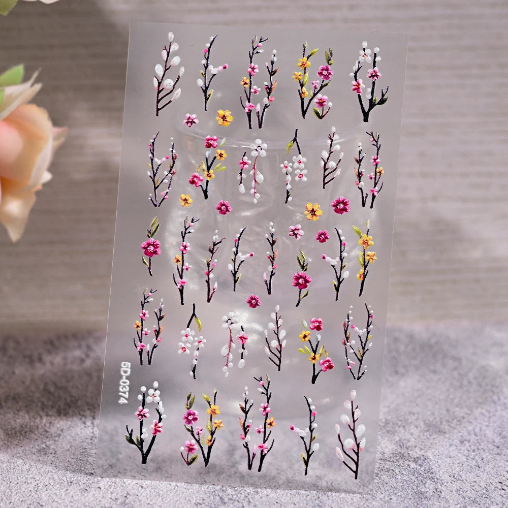 1Pc 5D Embossed Lavender Flower Nail Sticker Spring Floral Leaves Self-Adhesive Sliders Rose Heart Decals Manicure Decoration