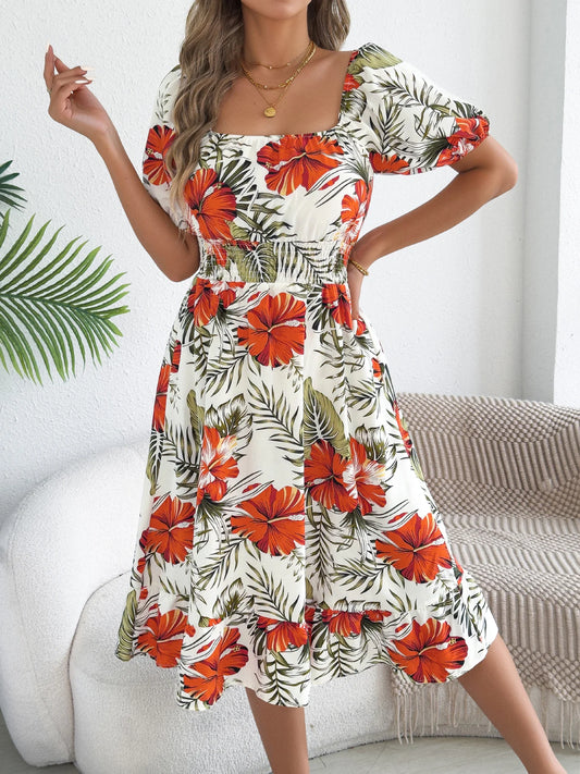 Fashion Floral Print Dress for Women 2026 Spring Summer Elegant Square Neck Short Sleeve Ruffled A Line Dresses