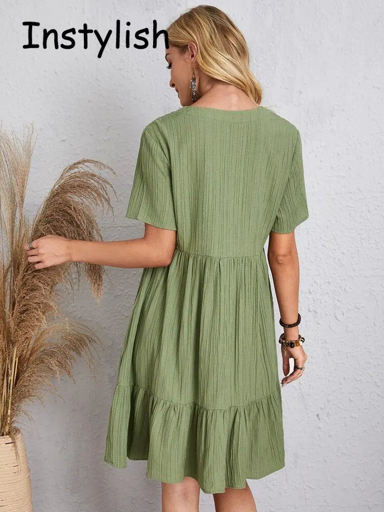 Women Elegant V Neck Ruffles Mini Dress Summer Vintage Solid Loose Sundress Bohemian Casual Solid Beach Party Vestidos
