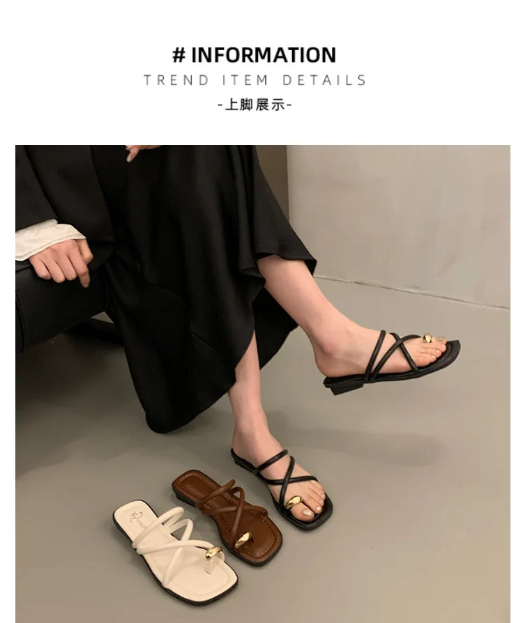 Women Summer Slippers Ladies Sandals Metal Decor Thong Flip Flop Low Heel Shoes Woman Outdoor Retro Brown Sandals Female