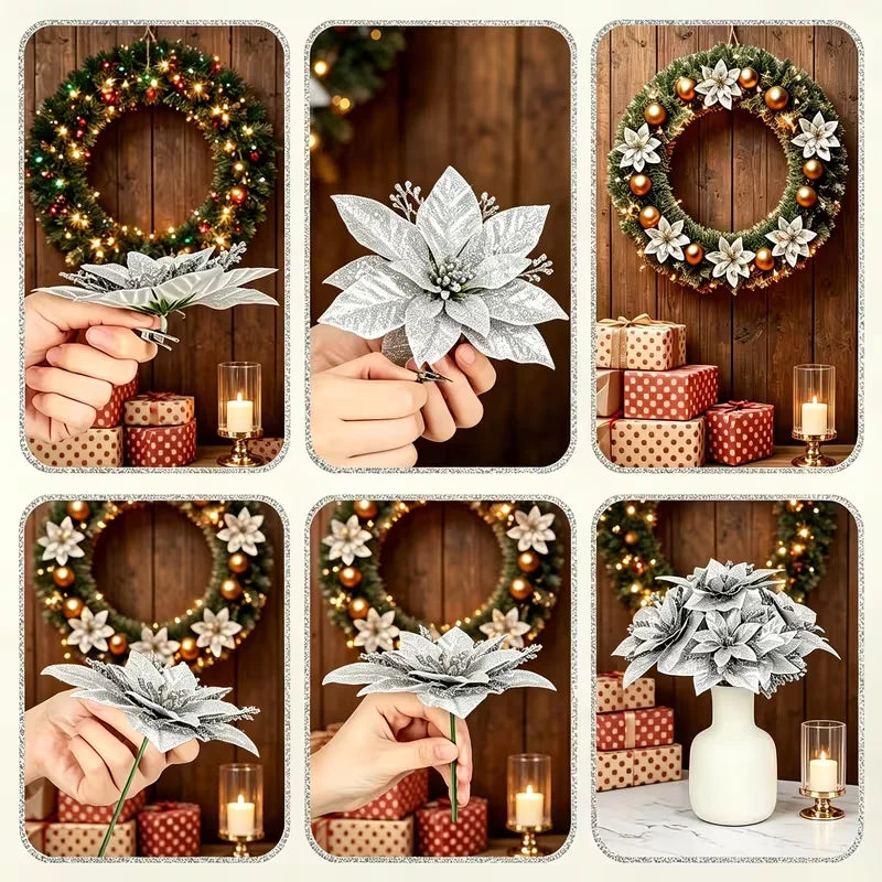 10Pcs Glitter Christmas Poinsettia Flowers,14cm/5.51in Artificial Red Gold Poinsettia Ornaments with Clips & Iron Wire,Xmas Tree
