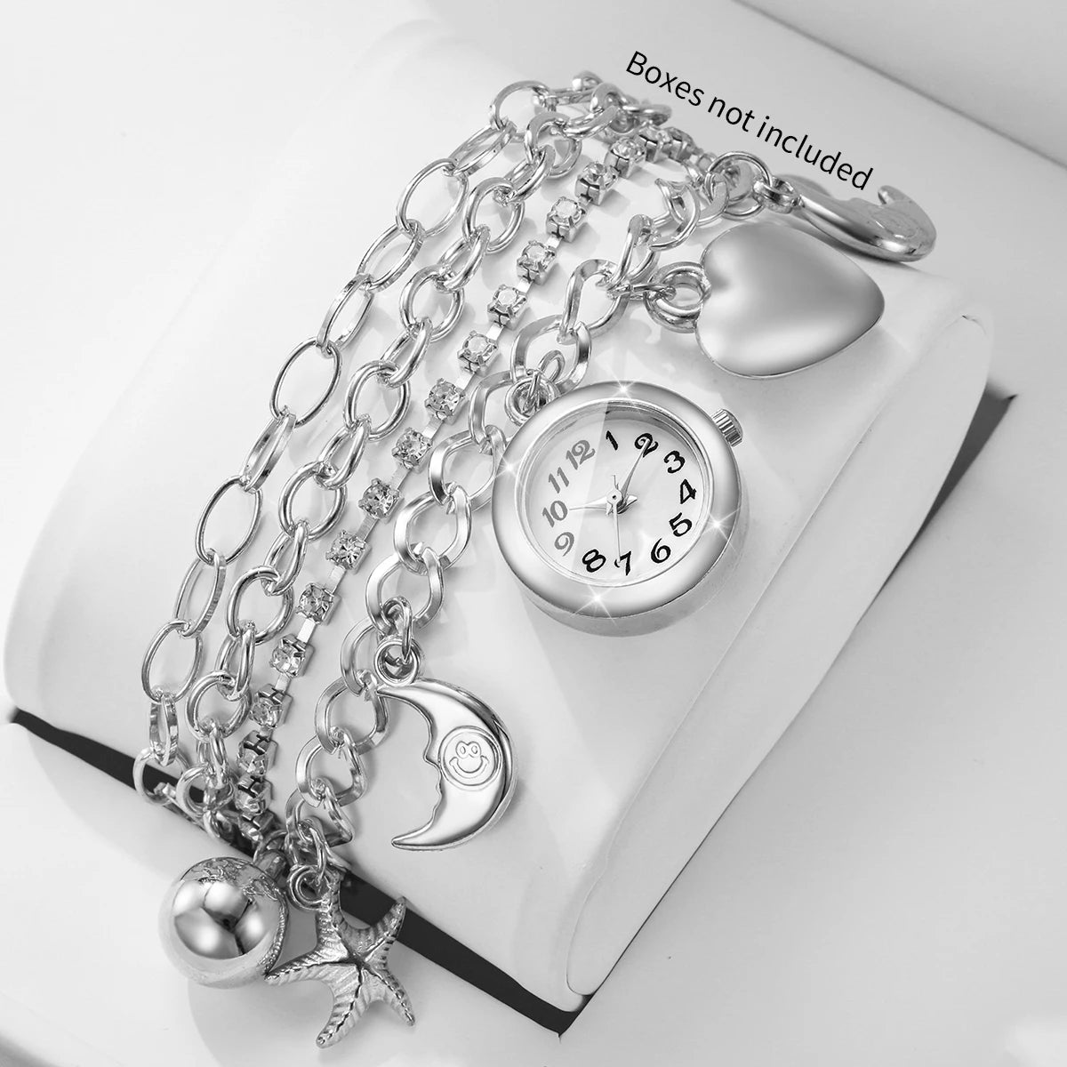 Luxury Women Silver Quartz Watch Moon Heart Charm Rhinestone Multi‑Layer Bracelets Ladies Watches Relogio Feminino（Without Box）