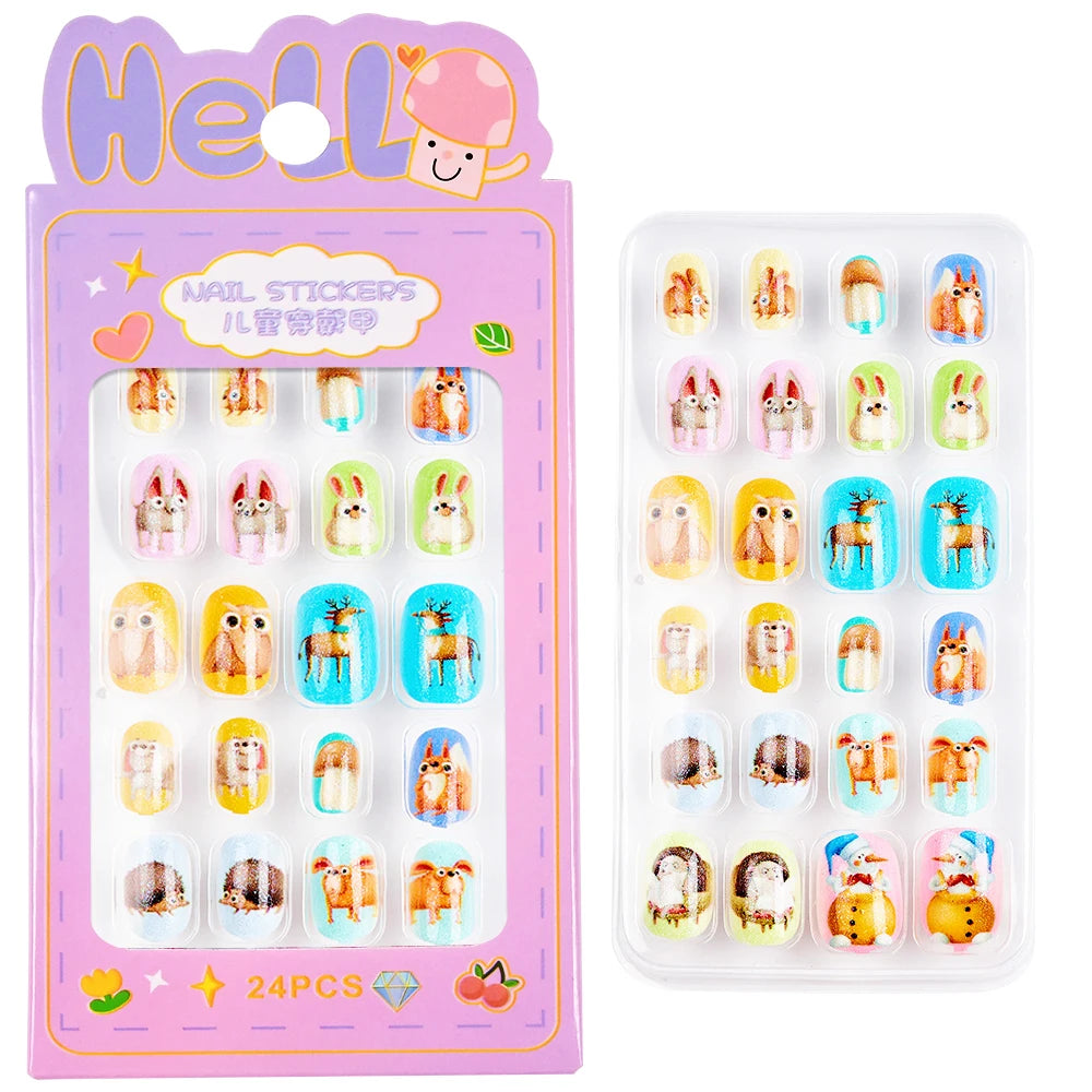 24Pcs/Box Cartoon Heart Bow Rainbow Design Kid Fake Nails Tips Cute False Nail Girls Press on Nails Full Cover Short Fingernails