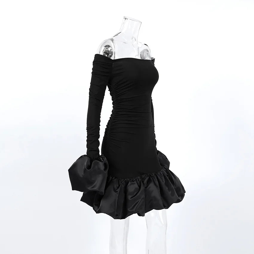 BKLD New 2026 Spring Elegant Black Dress Sexy Backless Slim Fit Long Sleeve Off The Shoulder Dress Party Clothes For Women