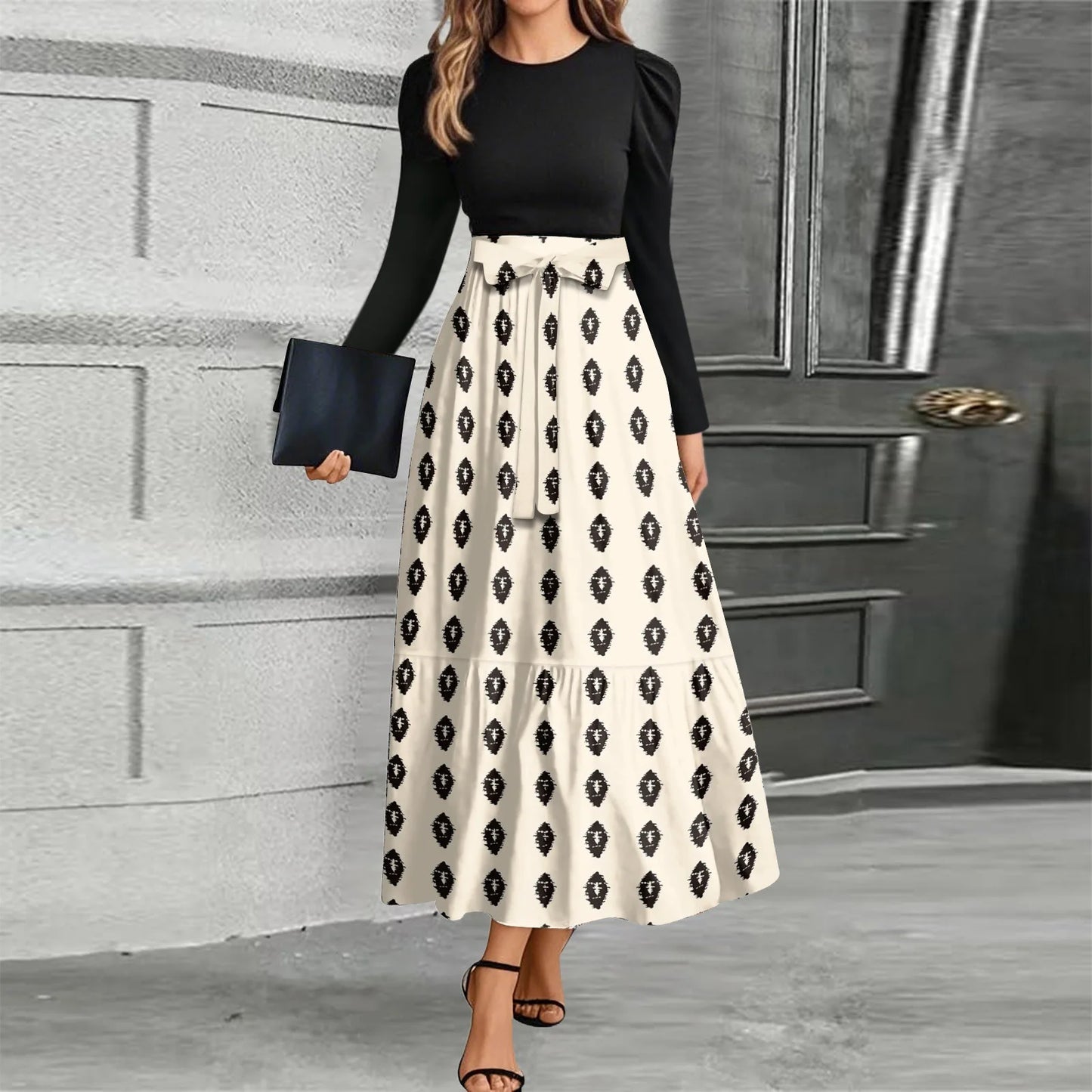 Printed High-Waist Long Sleeve Maxi Dress – O-Neck 2026