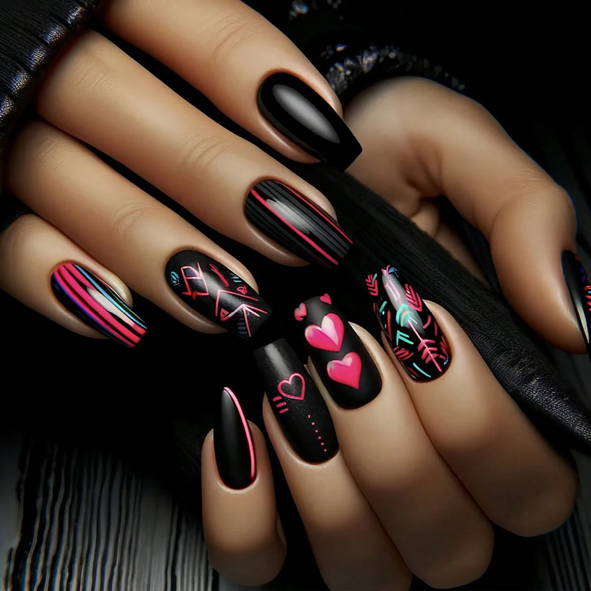 24PCS Gothic False Nails Dark Red Vine Pattern Medium Coffin Press on Nail Sticker Sweet Cool Glossy French Fake Nail Spice Girl