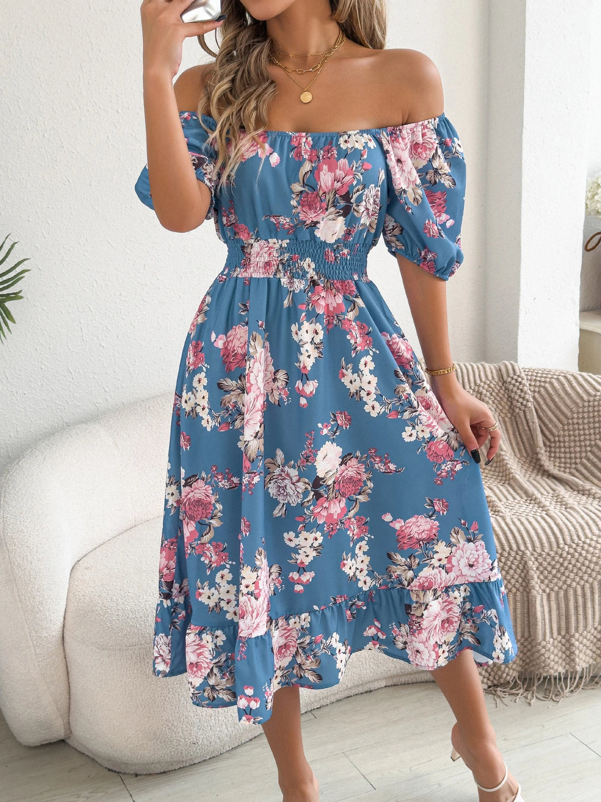 Elegant Floral Print Dresses for Women 2026 Spring Summer Casual Square Neck Short Sleeve Waist Cinching A Line Ruffled Dress