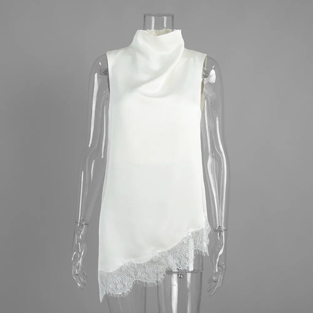 BKLD Fashion Lace Patchwork Turtleneck Vest 2026 Summer New Irregular Vest Satin Sleeveless Tops Streetwear Clothes For Women