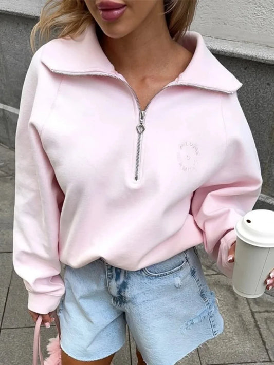 Women's Fashion Pink Pullovers Casual Long Sleeve Loose Half Zip Letter Embroidery Top Autumn Winter Vintage Female Streetwear