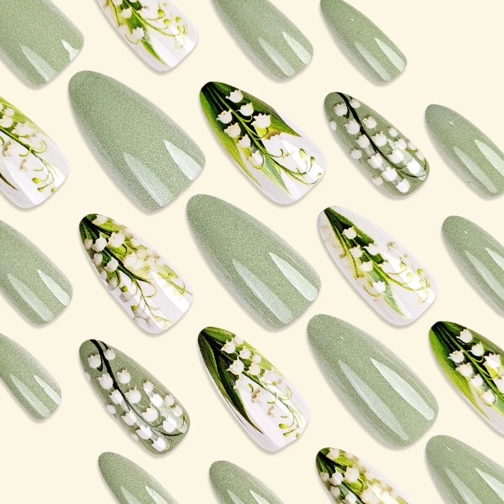 Medium fake nails for women girl green flrora blue black butterfly heart design Almond nail tips full cover press on false nail