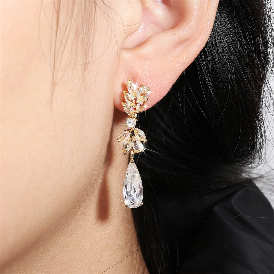 ZAKOL White Zircon Leaf Dangle Earrings for Women Shinny Water Drop Crystal Flower Pendant Earring Bridal Wedding Jewelry