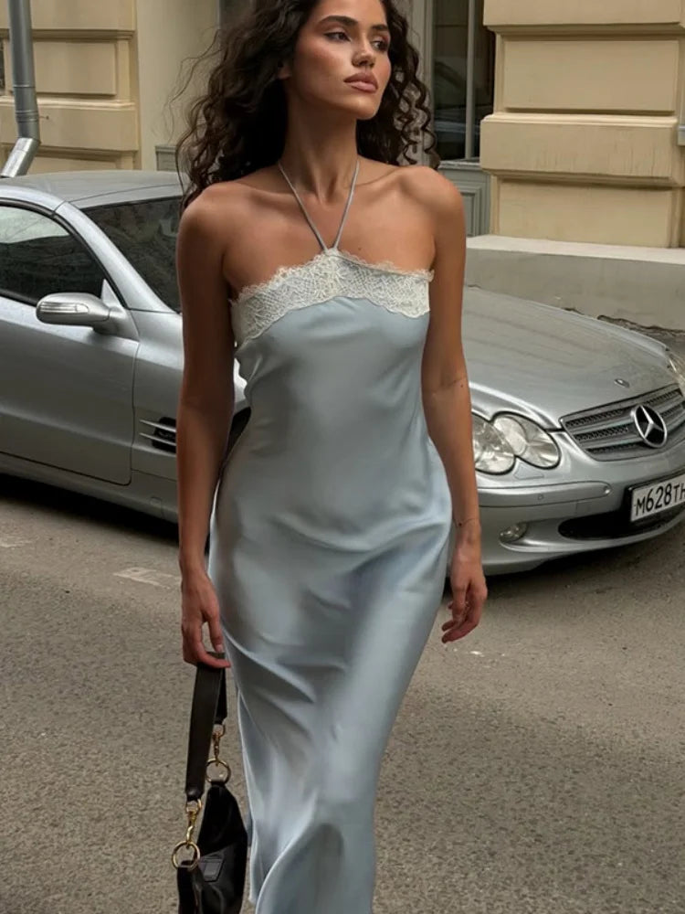 Summer Vacation Sexy Satin Halter Neck Slim Maxi Dress Casual Lace Up High Waist Lace Patchwork Dresses Female Chic Streetwear