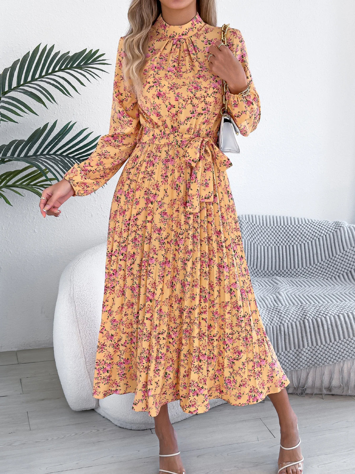 Floral Stand Up Collar Bridesmaid Dress 2026 Spring Autumn Elegant Long Sleeve Waist Cinching Pleated Dresses Woman Clothing