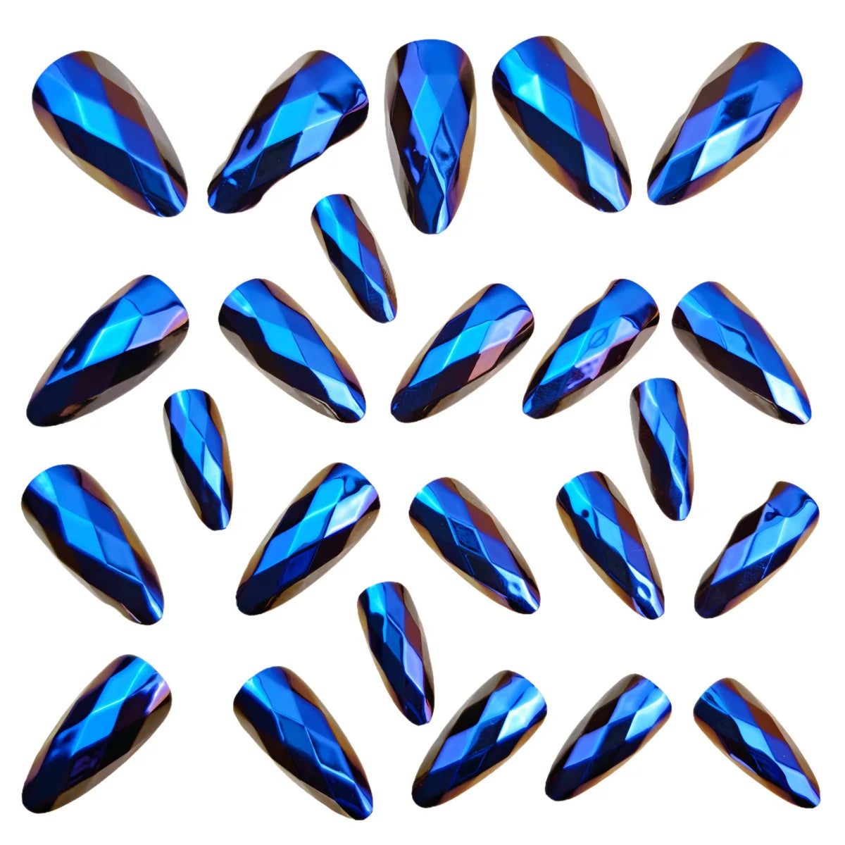 Medium fake nails for women girl glossy Metallic Holographic Plated 3D rhombus design dark blue pink press on acrylic false nail