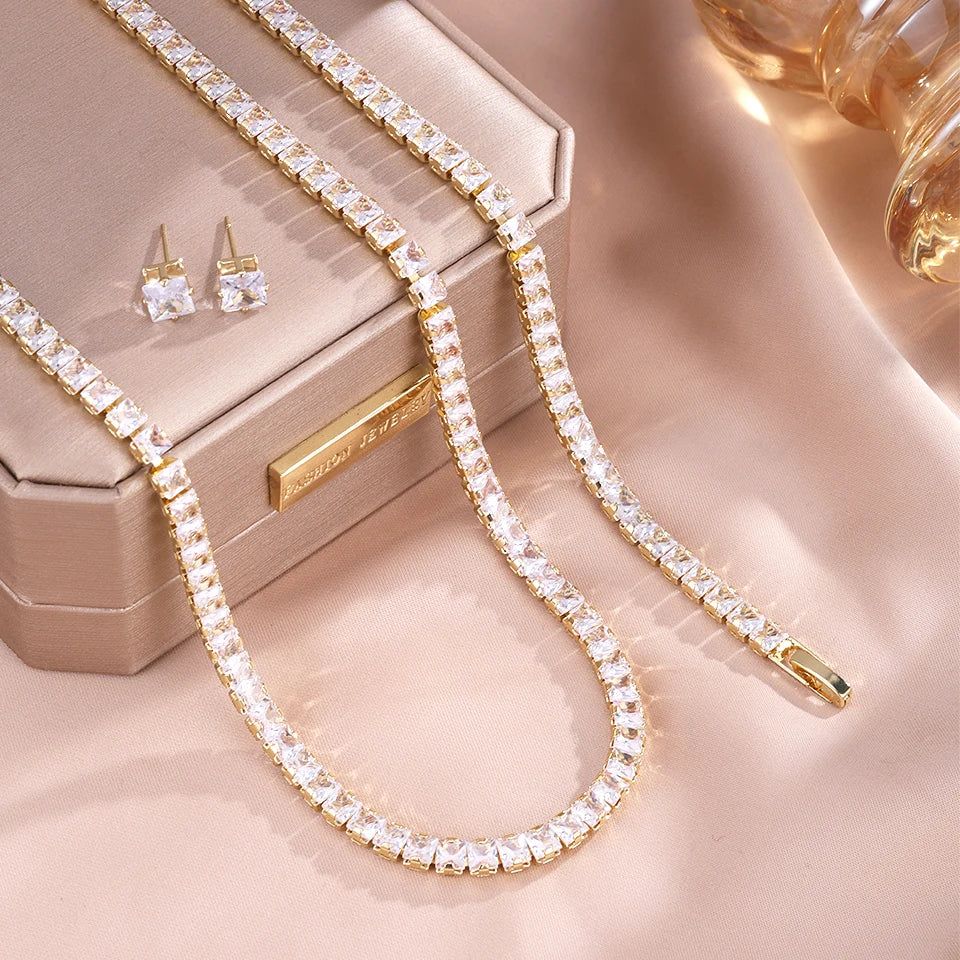ZAKOL 3pcs/set Classic Square AAA Zircon Tennis Bracelet Necklace Earrings Set Shiny Crystal CZ Bridal Wedding Jewelry Sets