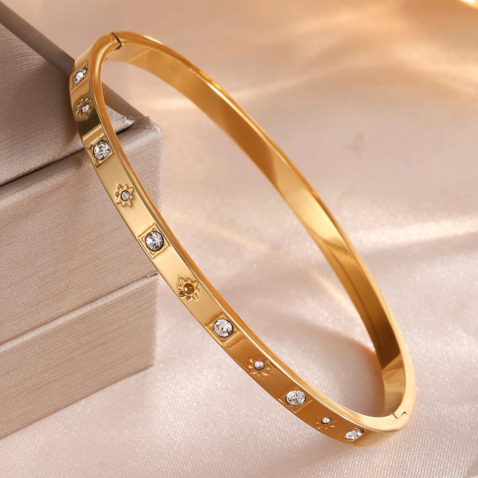 ZAKOL 5pcs Gold Color Stainless Steel Stack Bracelets Shiny Zircon Waterproof Stackable Bracelet Fashion Jewelry for Women