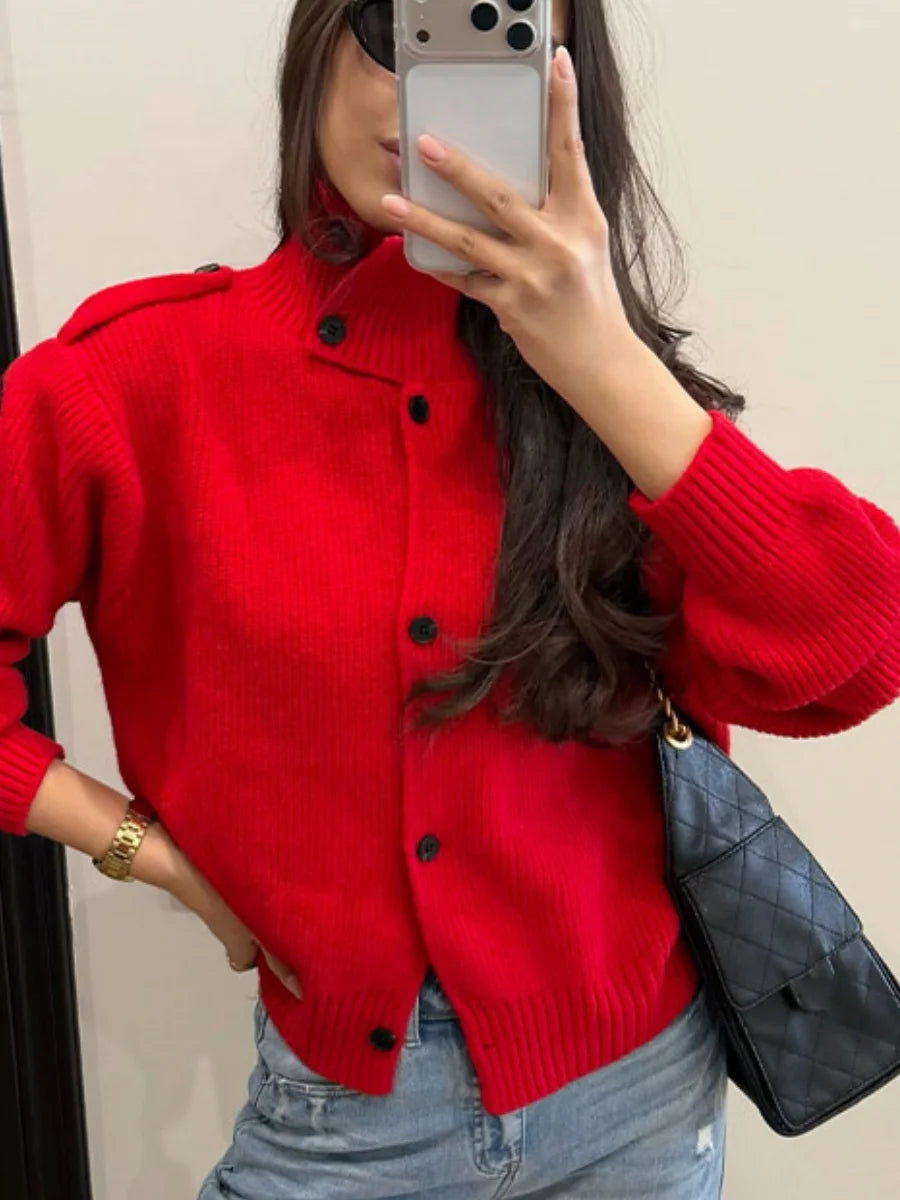 Casual Solid Knitted Cardigan For Women Long Sleeve Button Turtleneck Loose Warm Soft Sweaters Fashion Autumn Winter Outerwear