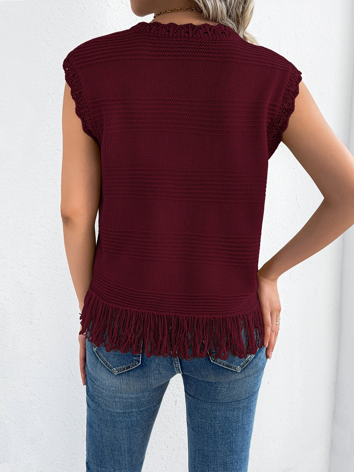 2026 Casual Round Neck Sleeveless Tassel Knit Sweater Vest for Spring Summer and Autumn Style Women Clothes Red Apricot Khaki