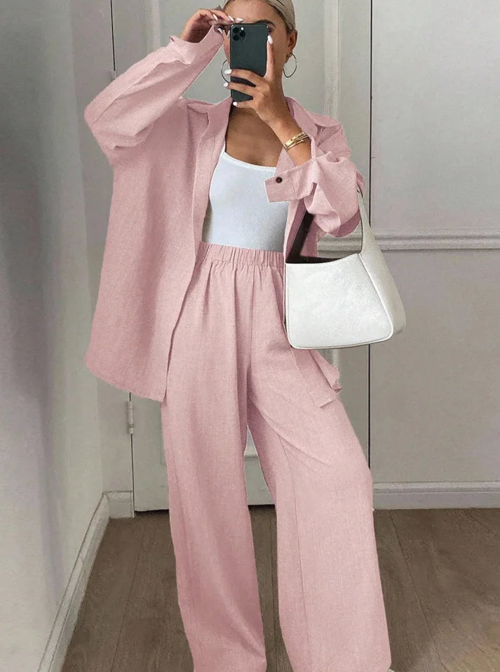 2026 New Women Linen Two Piece Outfit Set Lapel Long Sleeve Button Shirts Elastic Waist Wide Leg Pants Casual Loose Home Suit