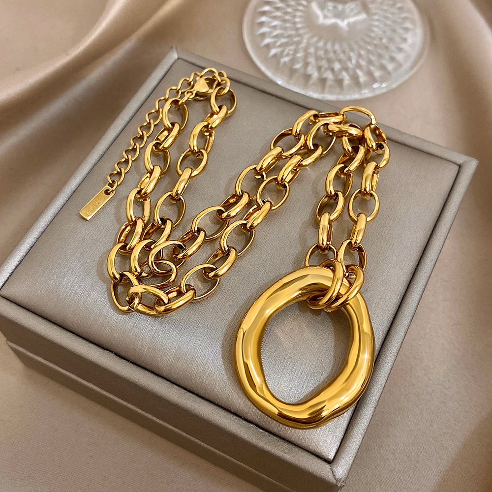 Golden 316L Stainless Steel Irregular Hollow Round Pendant Necklace for Women Statement Thick Chain High Quality Jewelry Gift