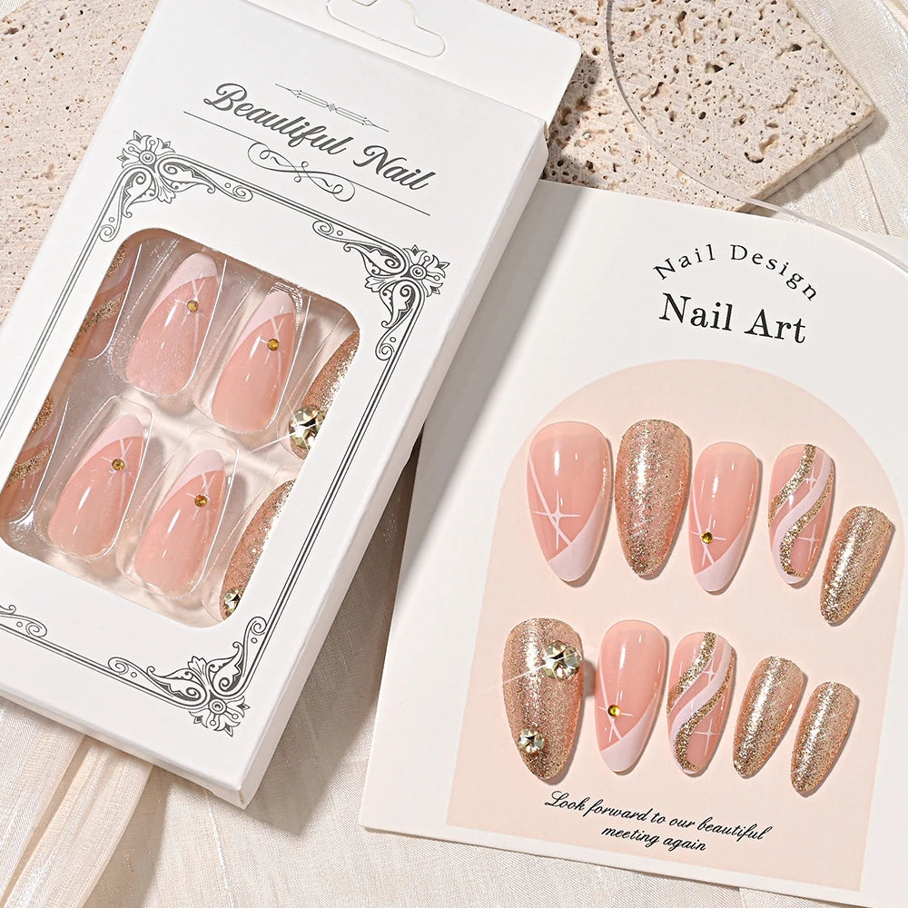 24pcs Glitter Medium Almond Full Cover Fake Nails Golden Irregular Line French False Nails with Diamond Design Press on Nails