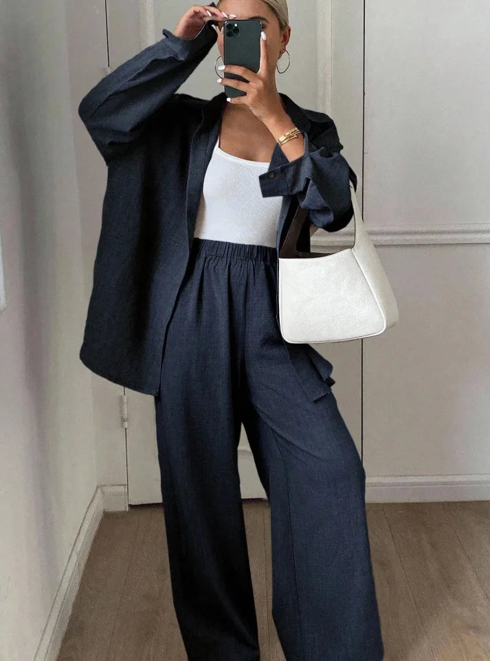 2026 New Women Linen Two Piece Outfit Set Lapel Long Sleeve Button Shirts Elastic Waist Wide Leg Pants Casual Loose Home Suit