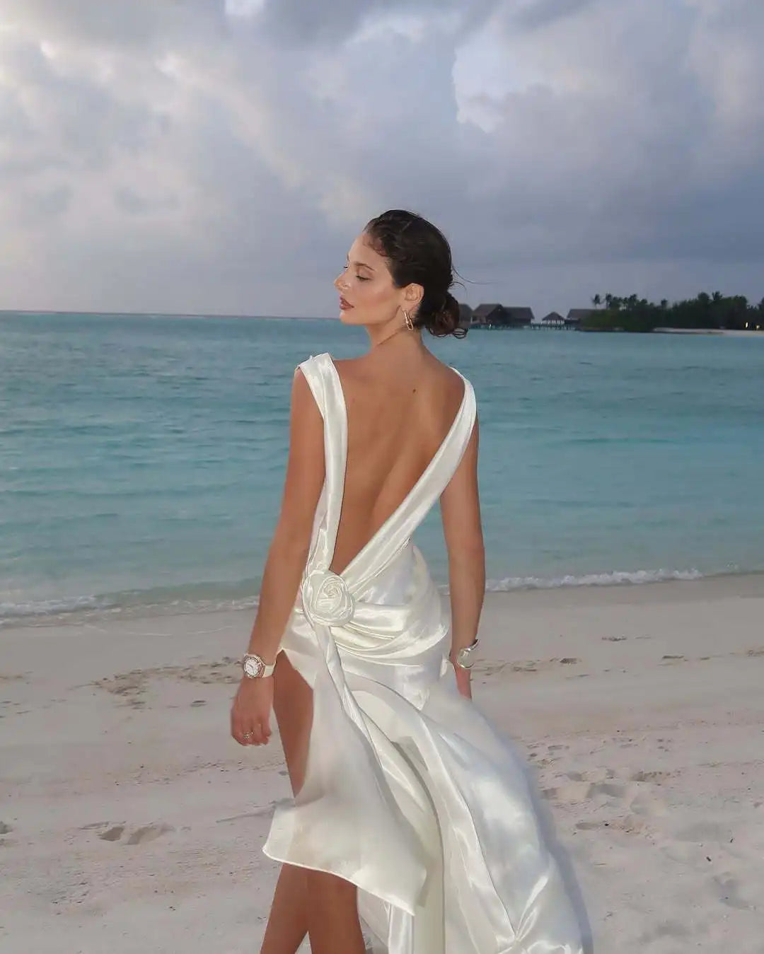 Elegant Satin Backless Spliced Floral Evening Gowns For Women Chic Sleeveless High Slit Slim Dresses Summer Holiday Party Dress