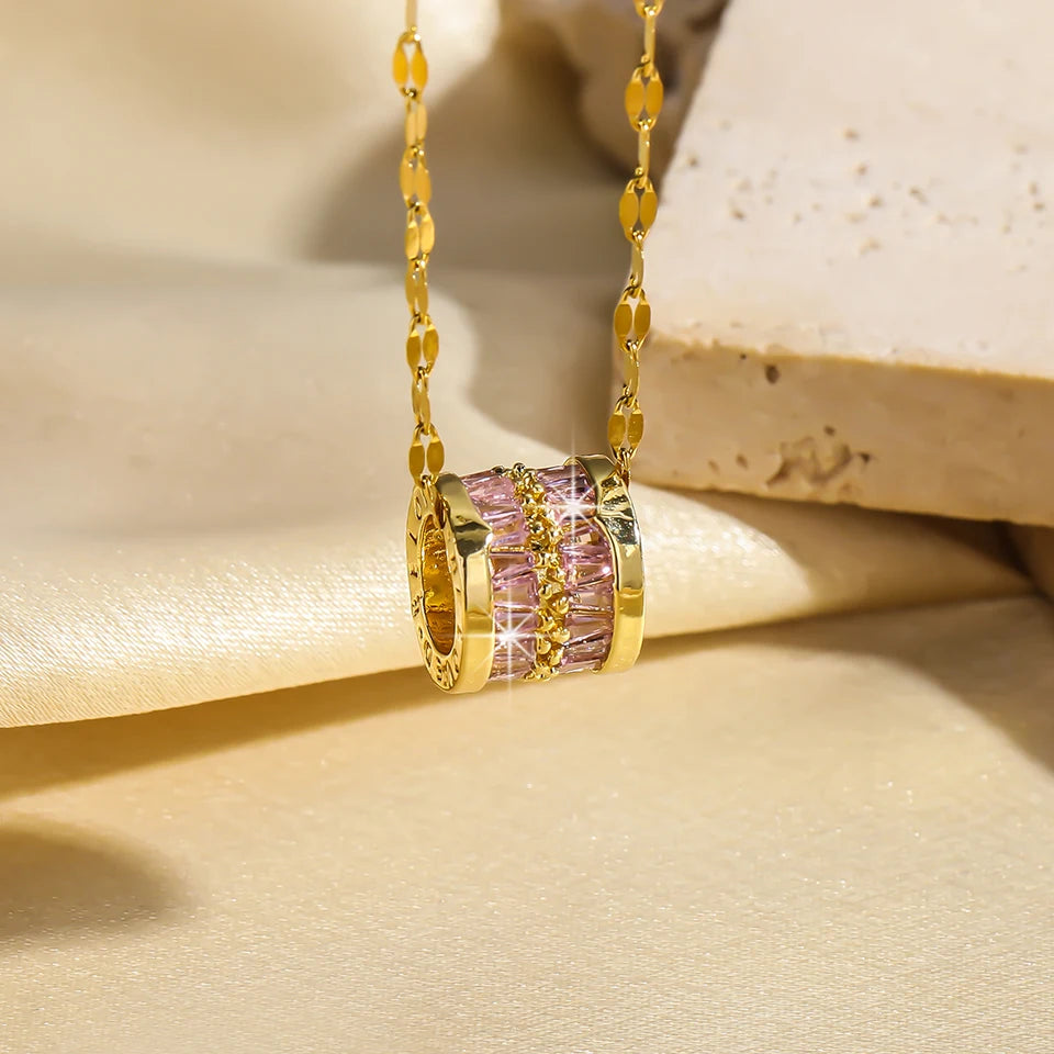ZAKOL Y2K Stainless Steel Round Pendant Necklace For Women Girls Korea Style Beautiful Gold Color Metal Crystal Jewelry On Neck