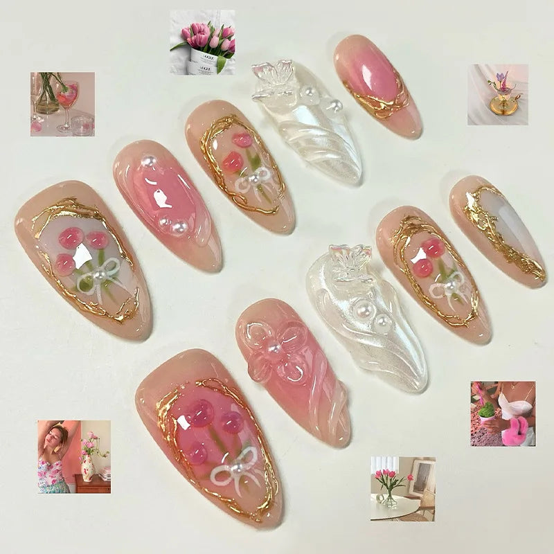 24Pcs Mid-length 3D Flowers Design Fingertips Sweet Butterfly Yellow Ripple Almond False Nails Detachable Full Cover Press Ons