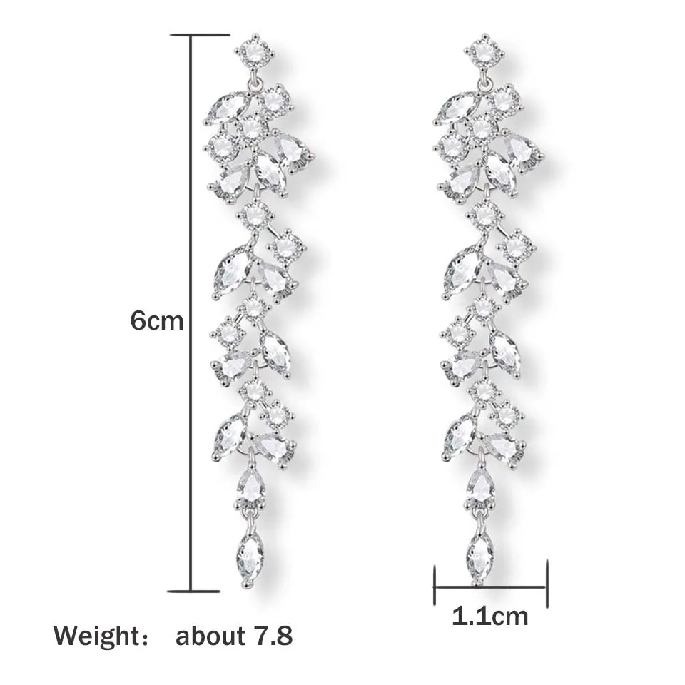 ZAKOL Fashion Cubic Zirconia Leaf Long Dangle Earrings for Elegant Women White Leaves Drop Earring Bridal Wedding Jewelry