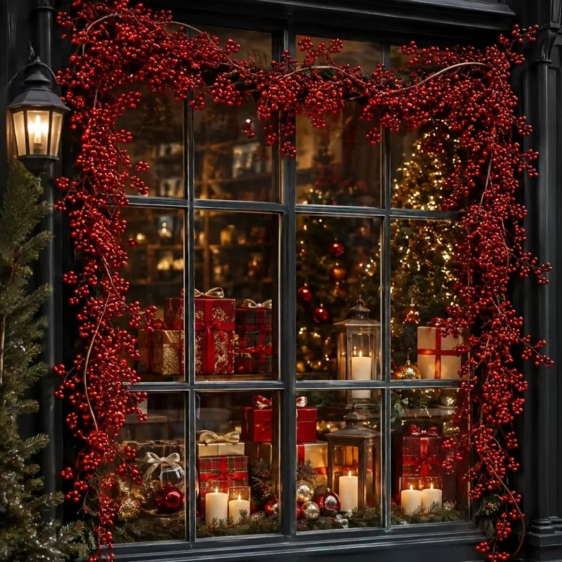 1PC Christmas Red Berry Vine Garland, Bendable Artificial Fruit Rattan,Winter Holiday Fireplace Staircase Hanging Decor for Home