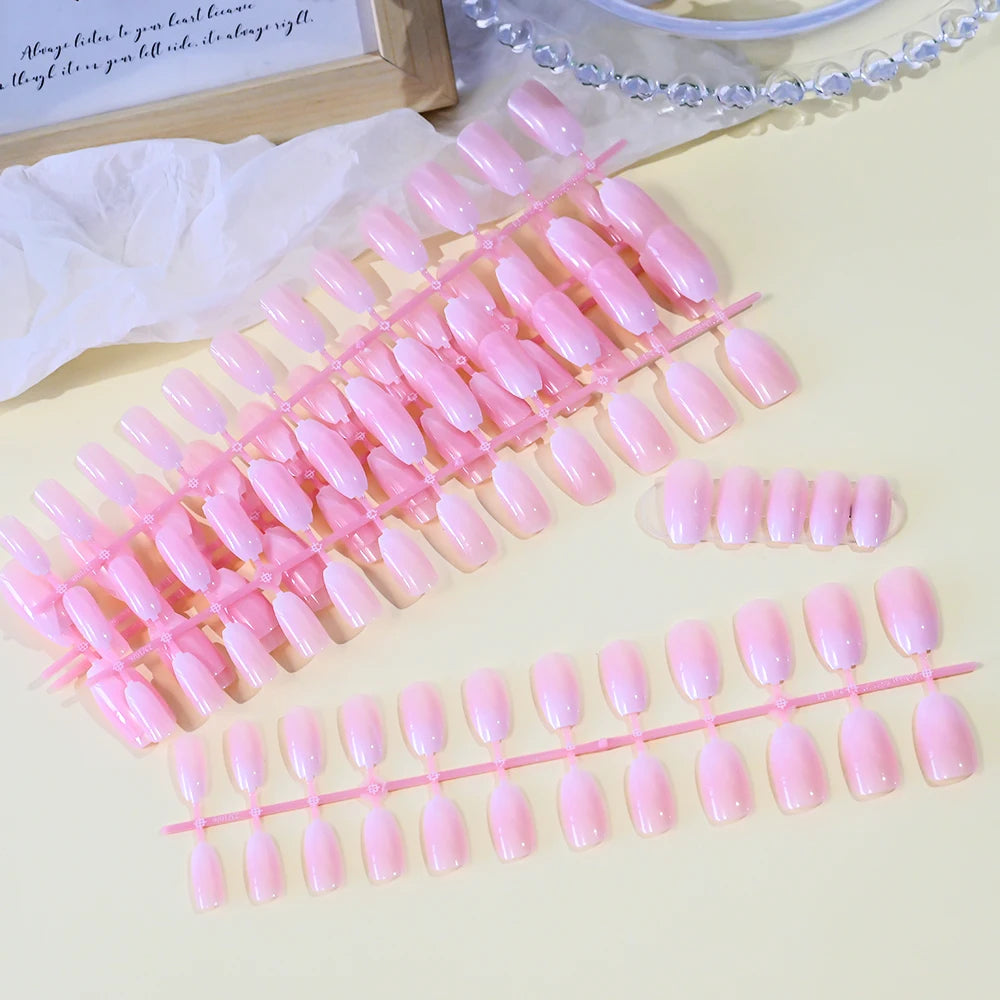 120Pcs Glossy Medium Coffin Press On Nails Pink Gradient French Fake Nails Acrylic Full Cover Ballerina False Nails For Women