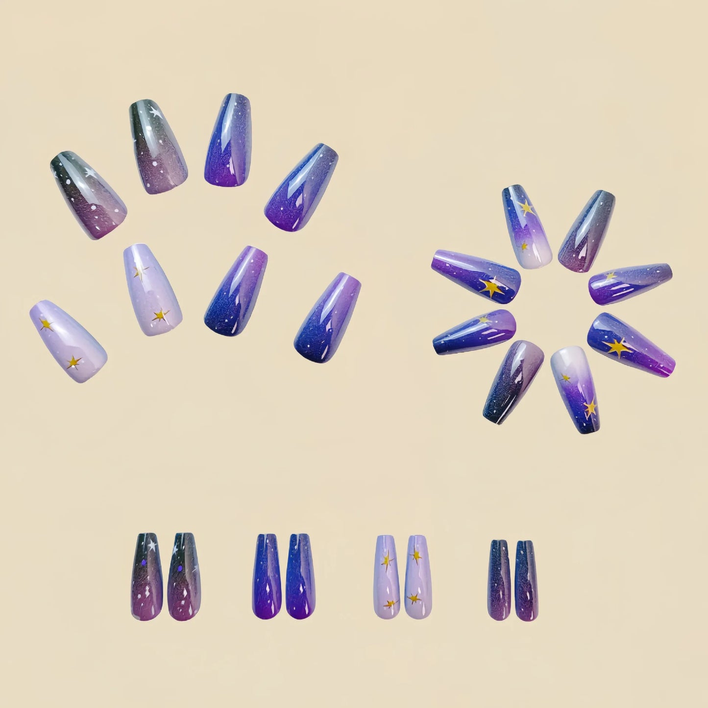24pcs/set medium long fake nails square ballet nail tips glitters starry sky moon star feather design press on false nail art