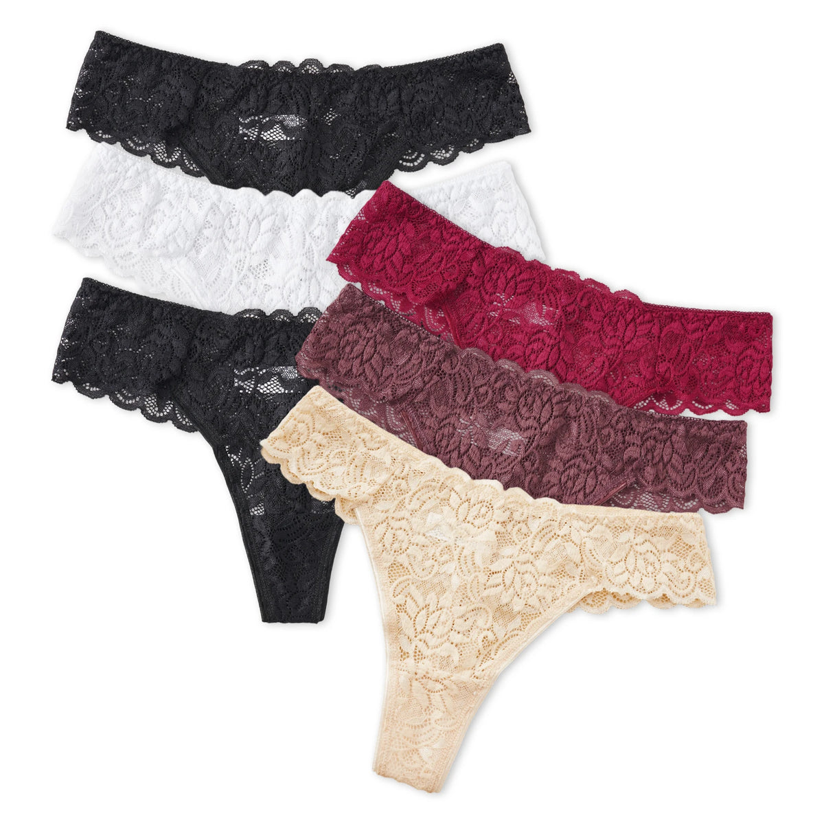6-Pack Women's Sexy Semi-Sheer Lace Thong Soft Stretchy Low Waist Tanga Panties Floral Lace Breathable Daily Underpants S to XXL